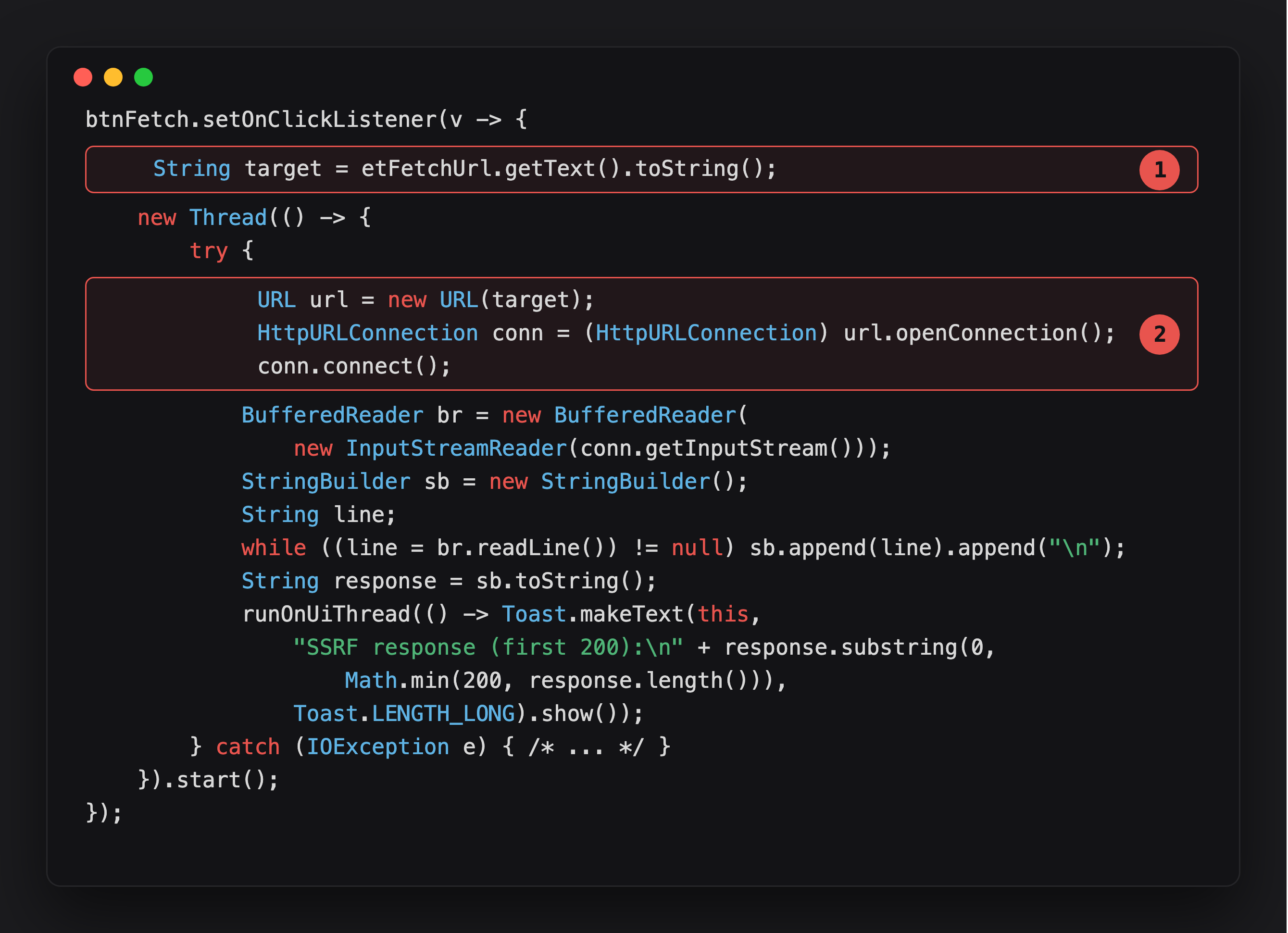 Annotated fetch handler showing the unvalidated target string and the connection call