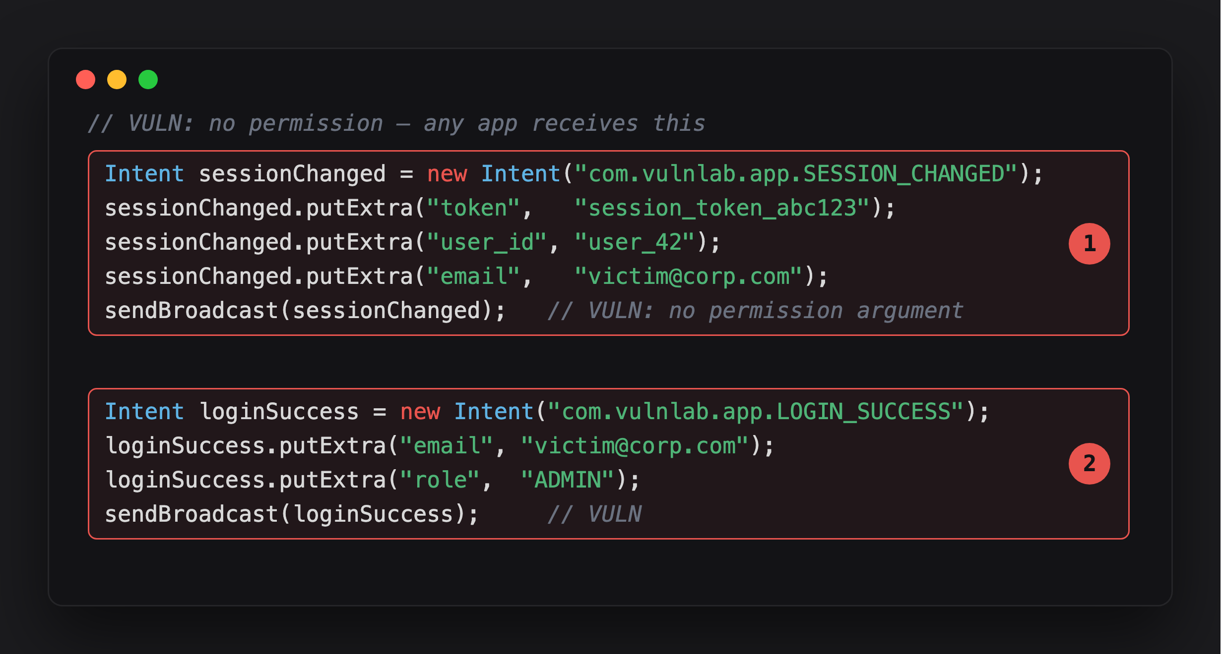 Annotated broadcasts showing the session token and role leaking with no permission scoping
