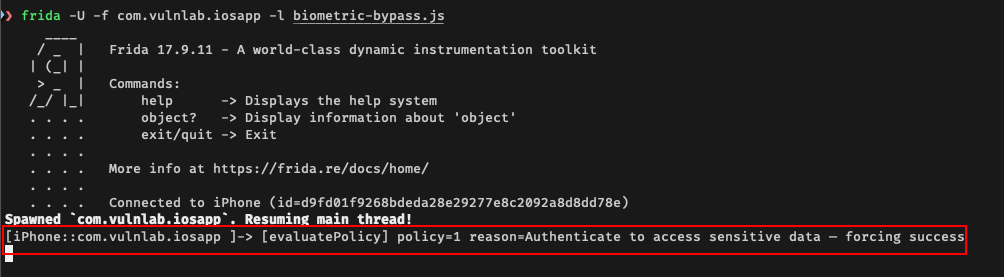 BiometricViewController.swift evaluatePolicy with hookable boolean check (highlight 1) and sensitive data access (highlight 2)