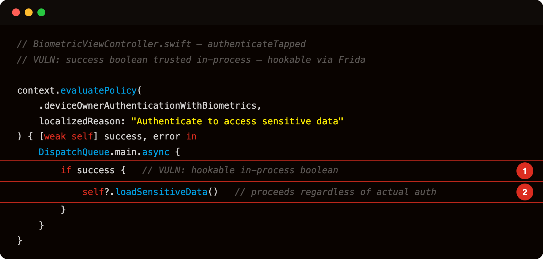 BiometricViewController.swift evaluatePolicy with hookable boolean check (highlight 1) and sensitive data access (highlight 2)