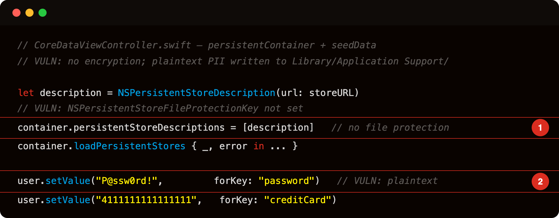 CoreDataViewController.swift persistentContainer without file protection (highlight 1) and plaintext password seeded (highlight 2)