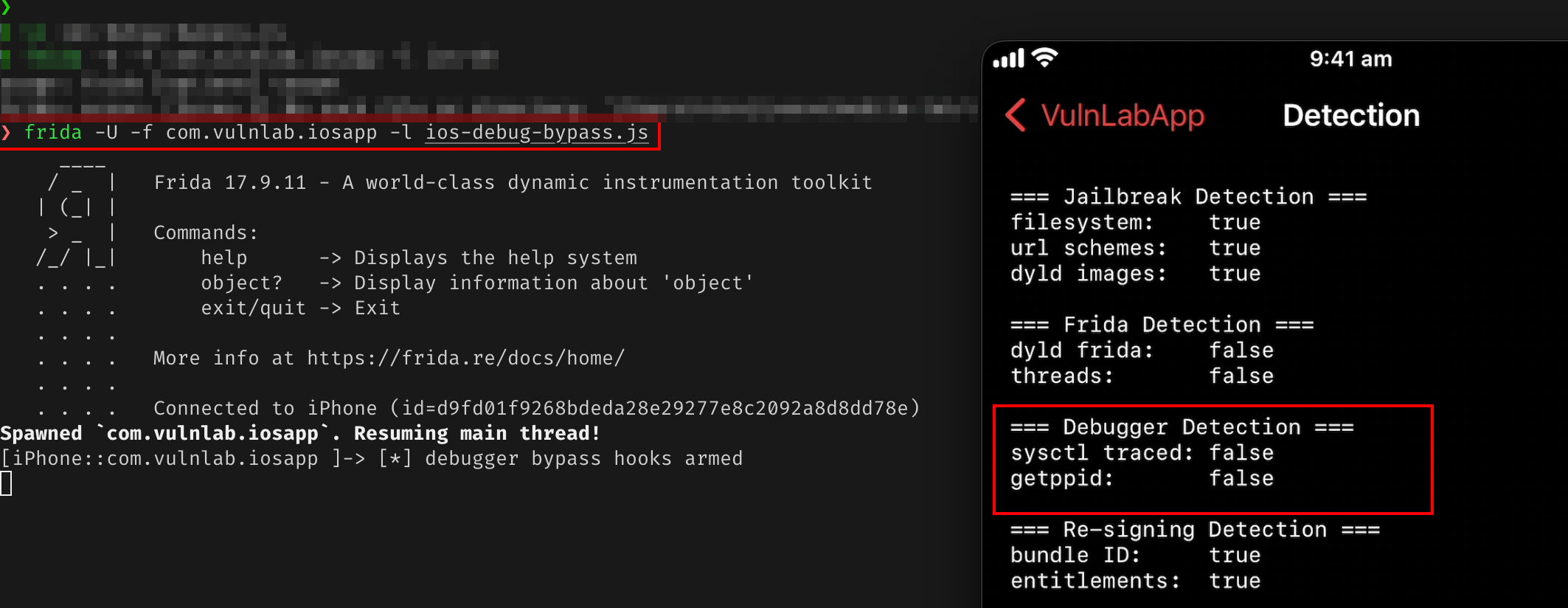 DetectionViewController.swift checkSysctlTraced reading P_TRACED (highlight 1) and returning flag result (highlight 2)