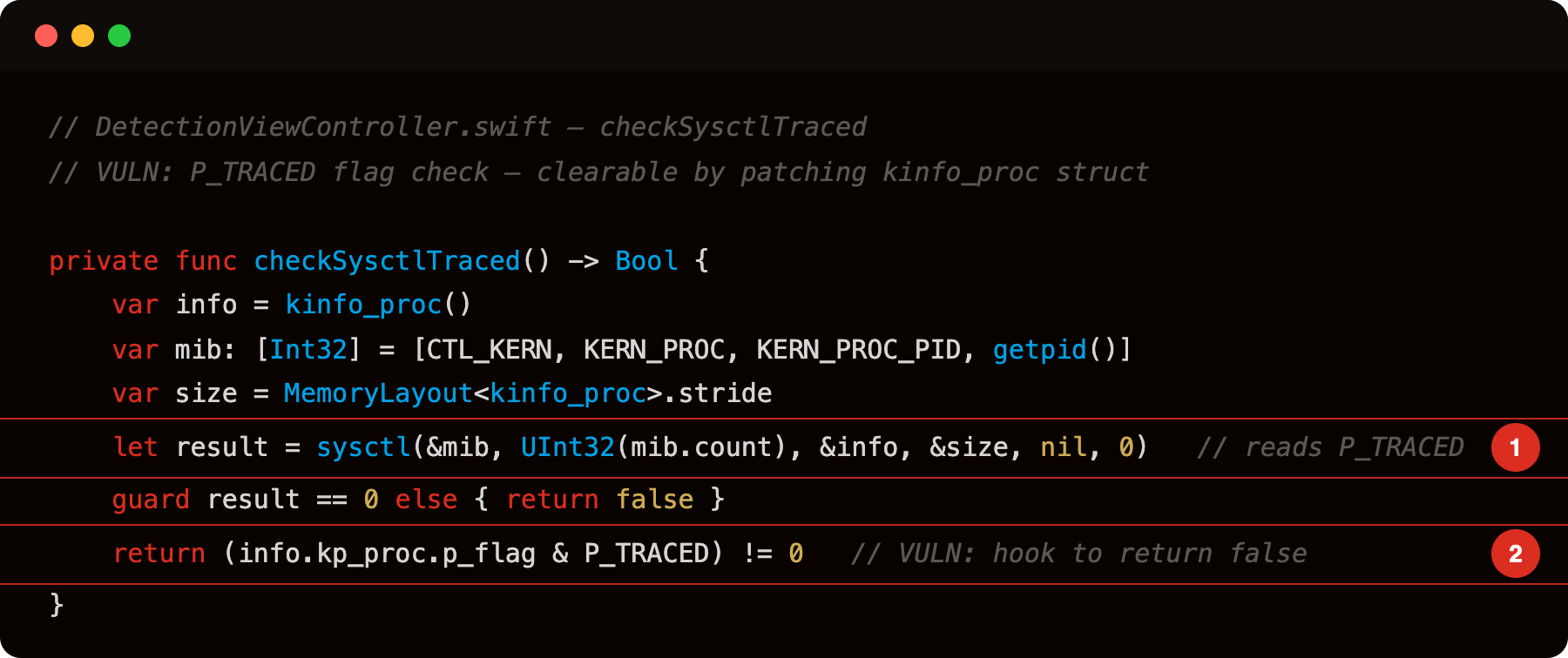 DetectionViewController.swift checkSysctlTraced reading P_TRACED (highlight 1) and returning flag result (highlight 2)