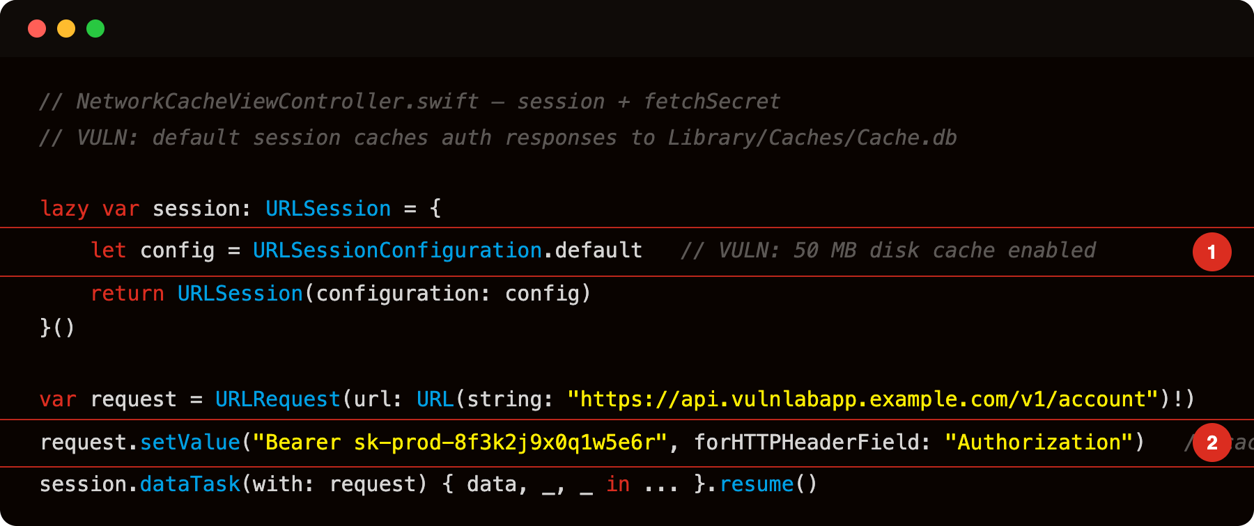 NetworkCacheViewController.swift default URLSession config caching responses (highlight 1) and Authorization header cached (highlight 2)
