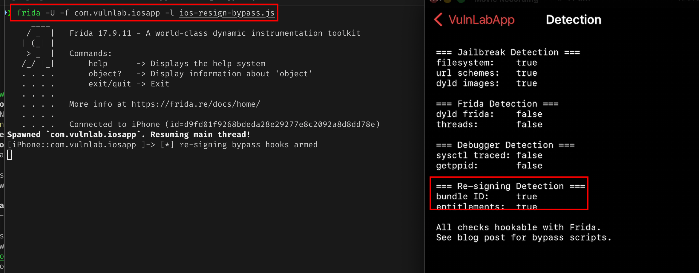 DetectionViewController.swift checkBundleID with hardcoded expected value (highlight 1) and hookable bundleIdentifier (highlight 2)