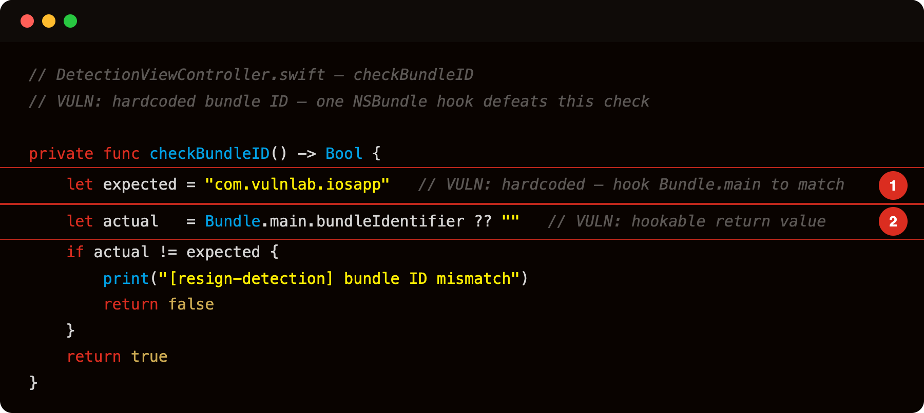 DetectionViewController.swift checkBundleID with hardcoded expected value (highlight 1) and hookable bundleIdentifier (highlight 2)