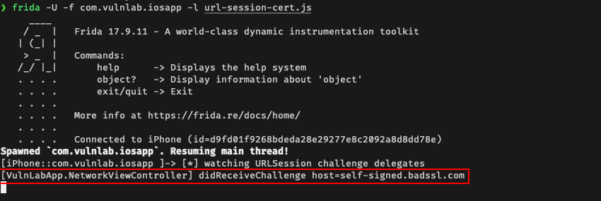 NetworkViewController.swift brokenSession with custom delegate (highlight 1) and certificate accepted without validation (highlight 2)