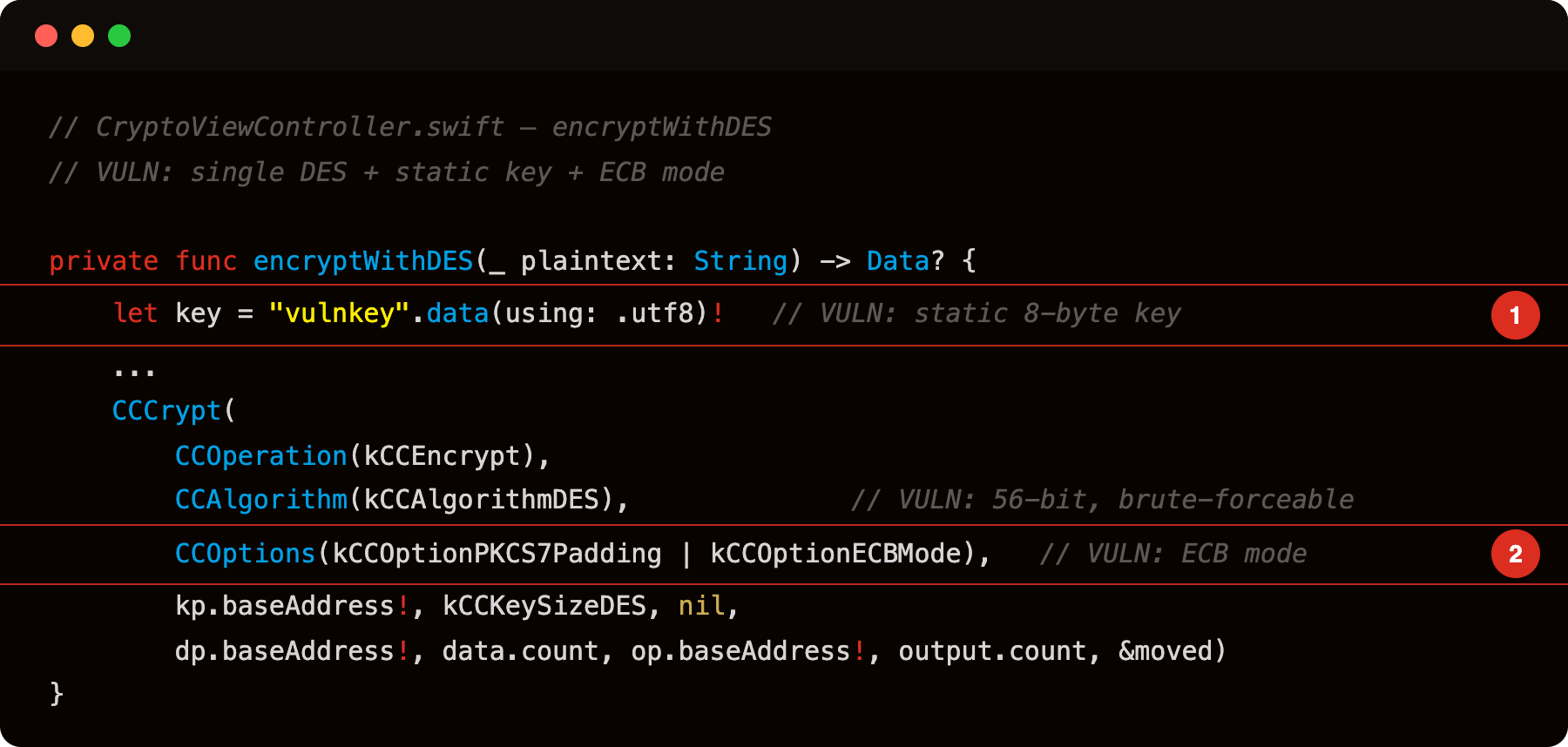 CryptoViewController.swift encryptWithDES with static 8-byte key (highlight 1) and ECB mode (highlight 2)