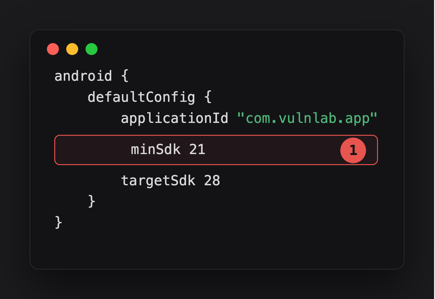 Annotated build.gradle defaultConfig showing the low minSdk