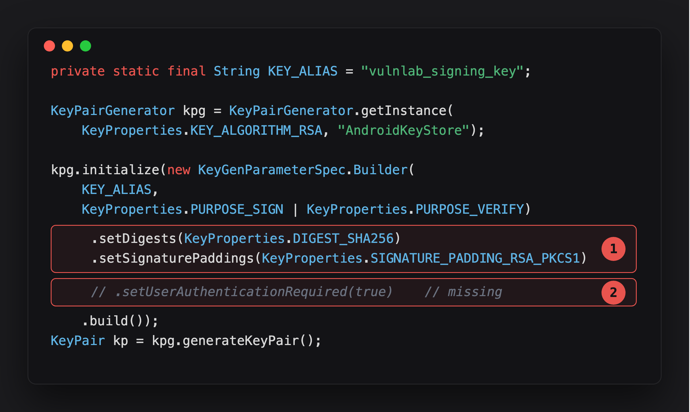 Annotated KeyGenParameterSpec.Builder chain showing configured protections next to the missing auth-required line