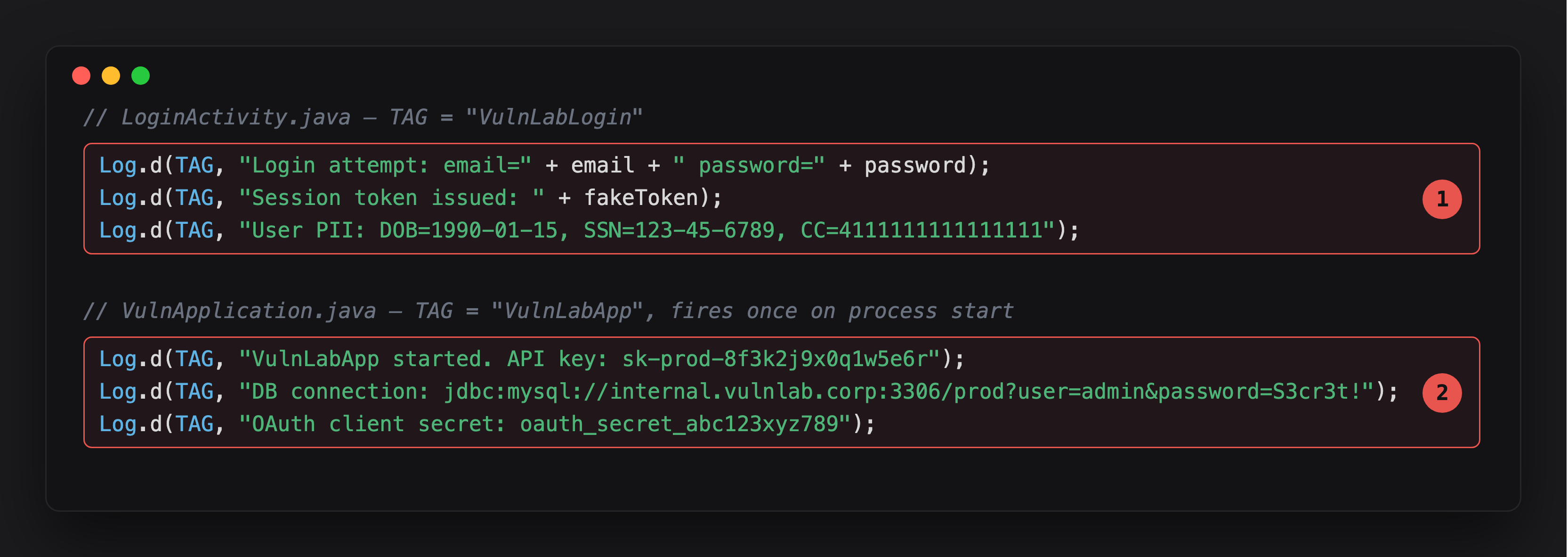 Annotated Log.d calls showing credentials and PII leaking from LoginActivity and API secrets leaking on app start