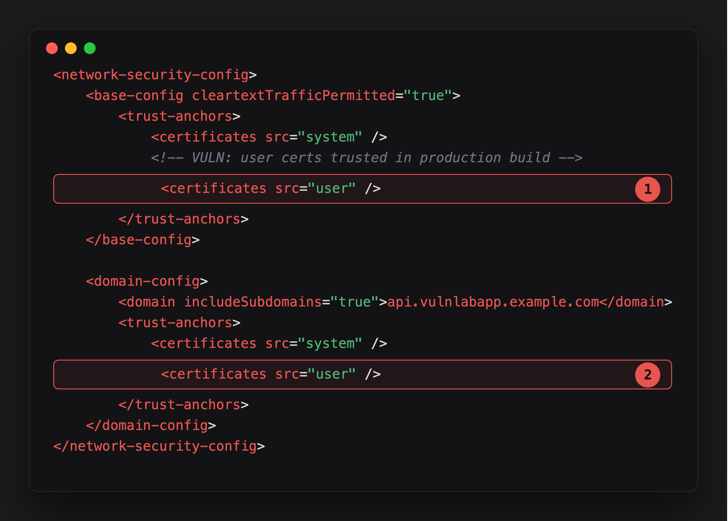Annotated network security config showing the user-cert trust anchor repeated in base-config and domain-config