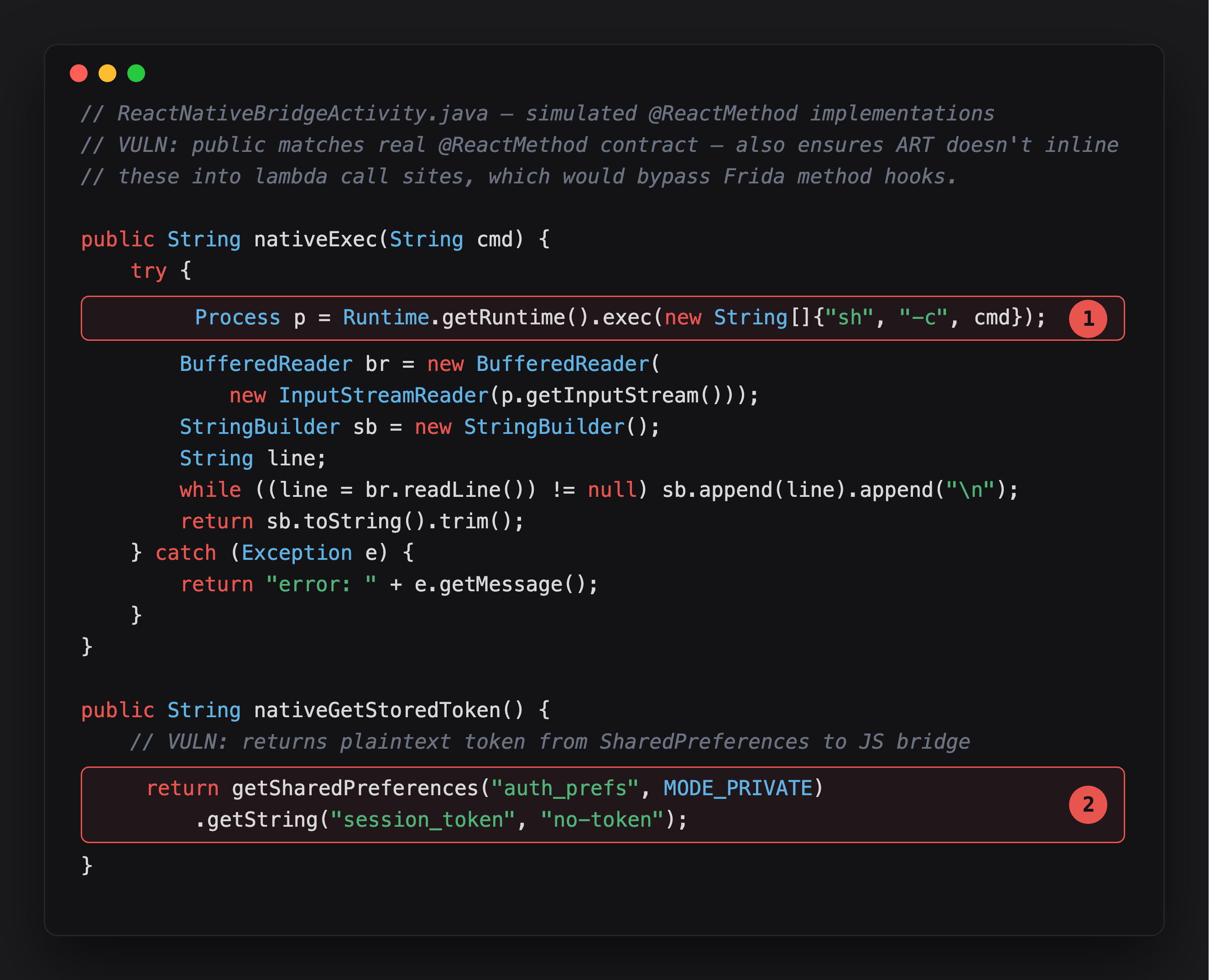 Annotated bridge methods showing the shell exec call and the plaintext token read