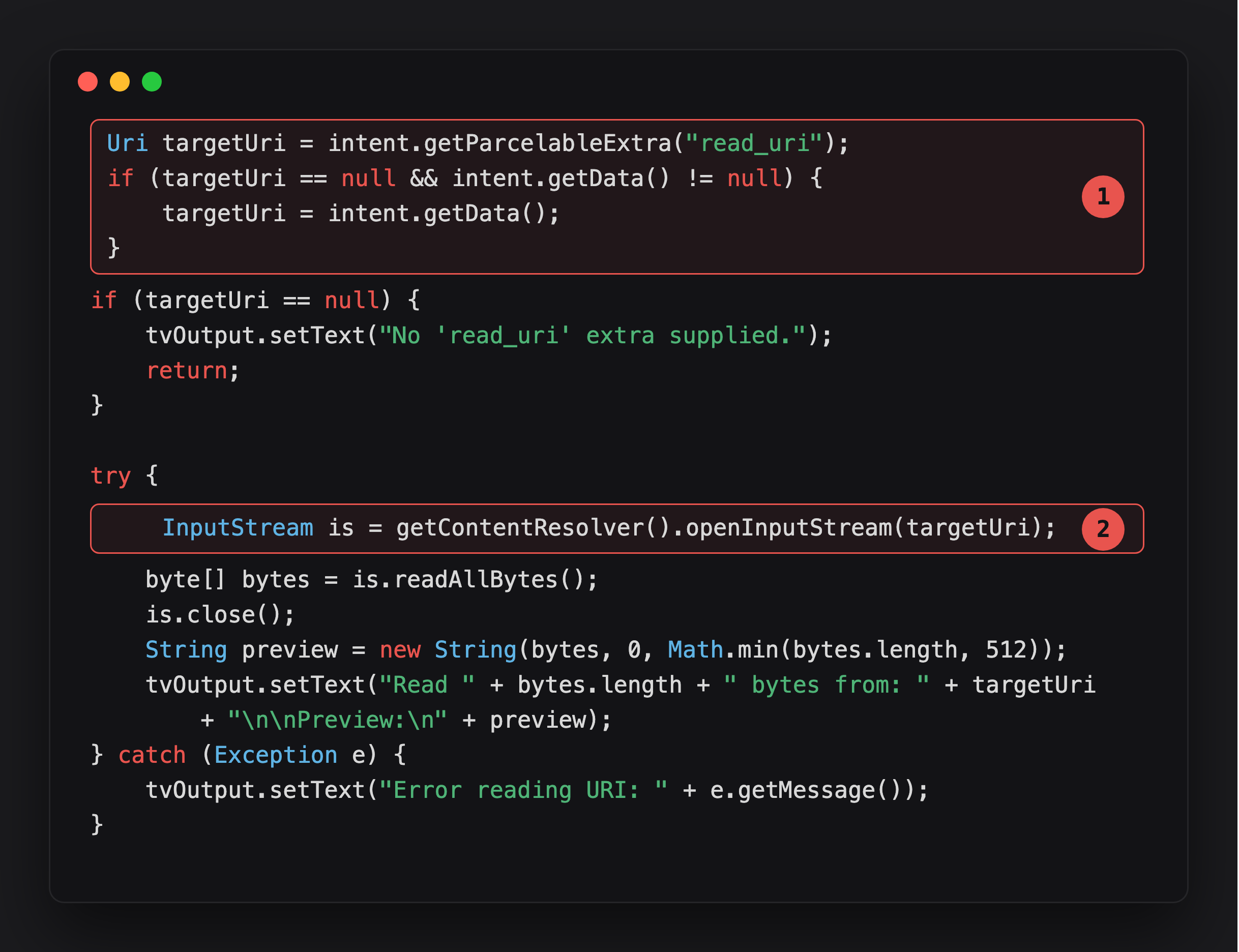 Annotated StreamUriActivity showing the dual-source URI and the unchecked openInputStream call