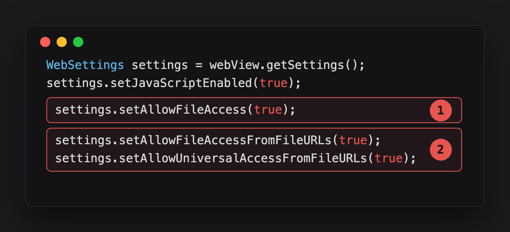Annotated WebSettings showing the file-access flag and the two cross-origin exfil flags