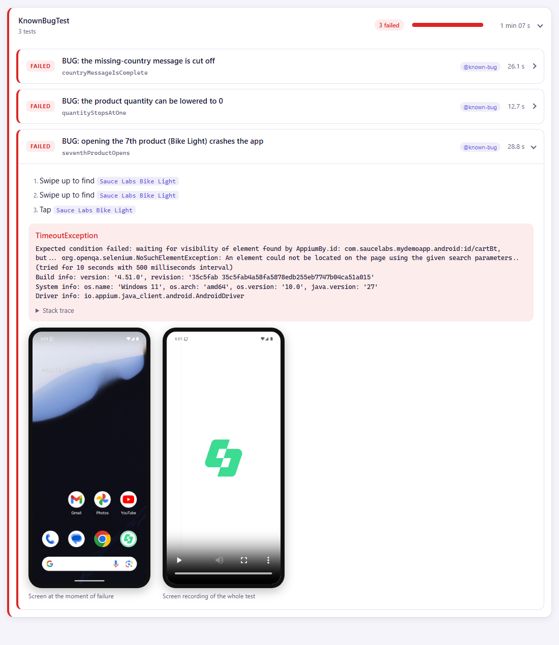 Report of the crash test with steps, error, screenshot and recording