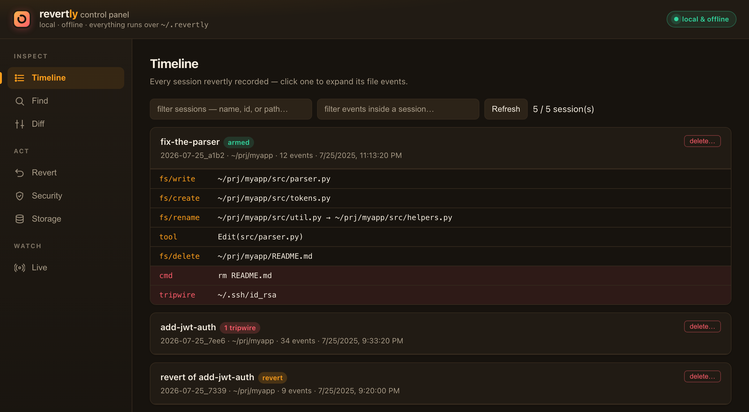 revertly control panel — a local dashboard with a sidebar (Timeline, Find, Diff, Revert, Security, Storage, Live) and a session's event stream: writes, a rename and a delete, with the rm command and a ~/.ssh read flagged in red.