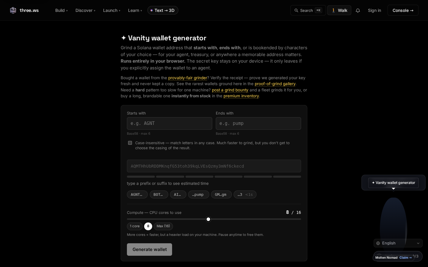 Vanity wallet generator, live