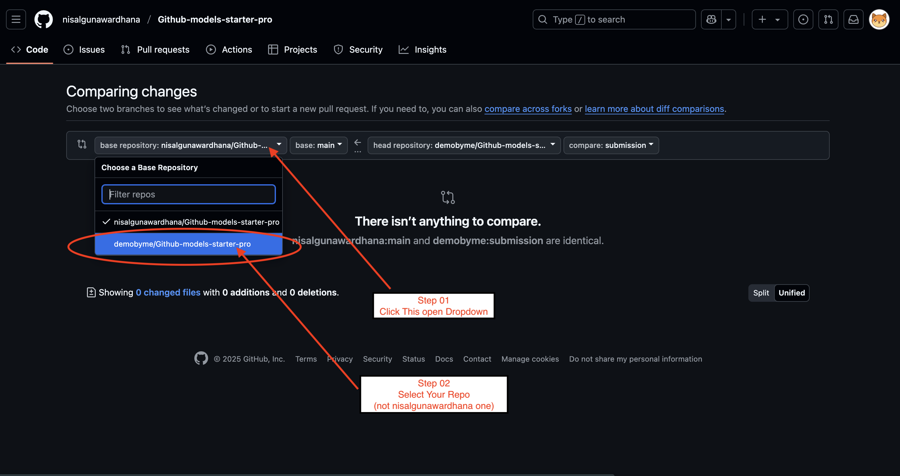 Pull Request 생성 과정에서 base 리포지토리 선택과 compare 브랜치 설정 절차를 안내하는 스크린샷이다.