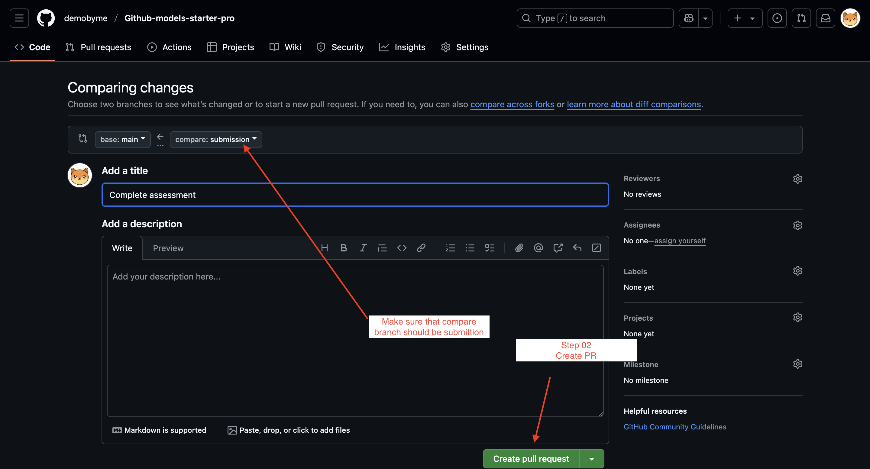 Pull Request 제목 입력과 설명 작성 화면에서 Create pull request 버튼을 클릭하는 최종 제출 단계의 스크린샷이다.