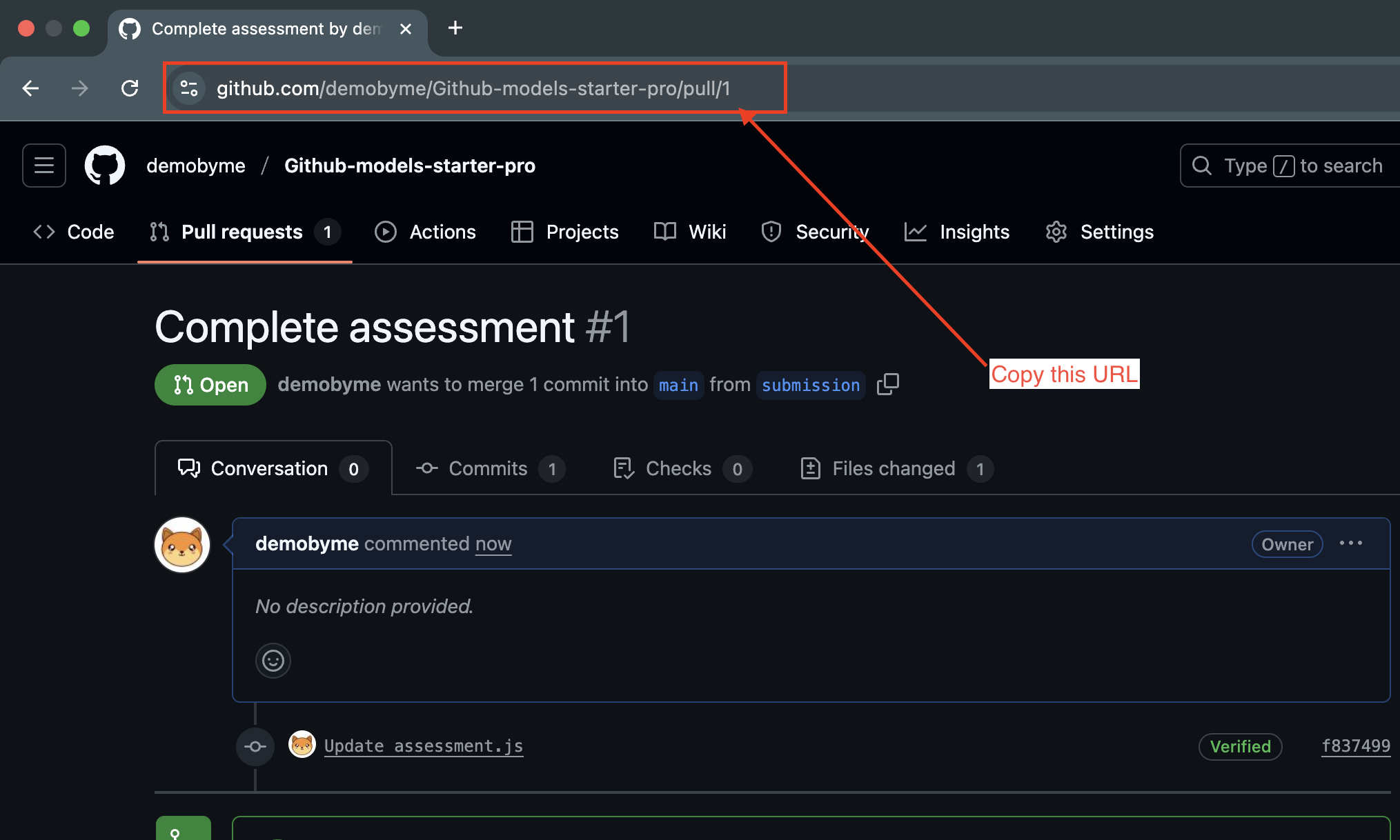 생성된 Pull Request 페이지의 URL을 복사하라는 안내가 포함된 스크린샷으로, PR 식별자와 링크 확보 절차를 보여준다.