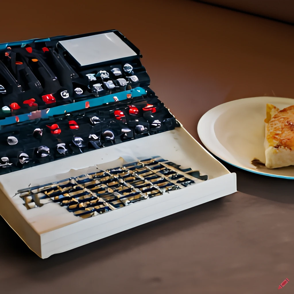 A DALL-E picture from a prompt: A drum machine next to a piece of pie