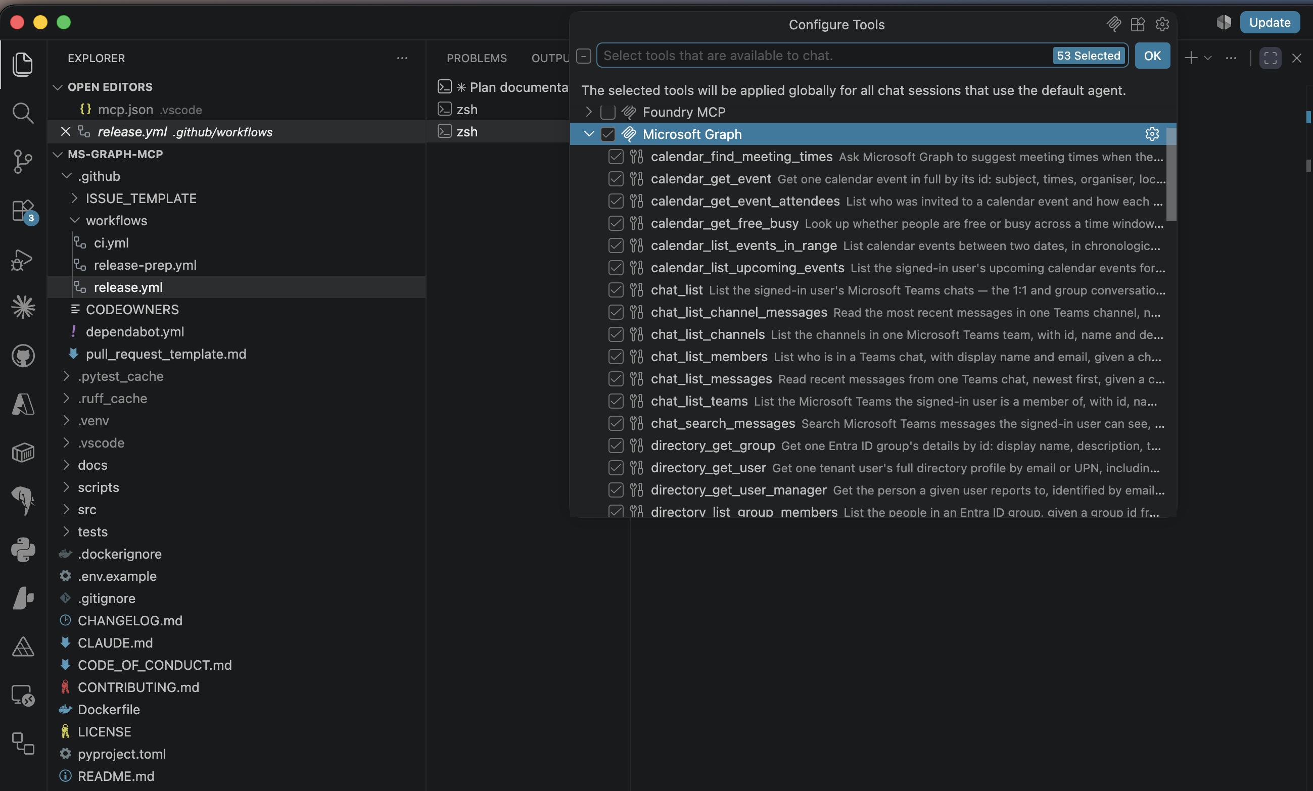 The ms-graph-mcp tools listed in VS Code's Configure Tools panel