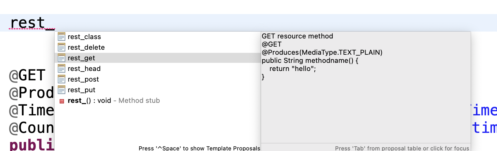 Eclipse LSP4Jakarta code snippet to generate a new RESTful web services GET method