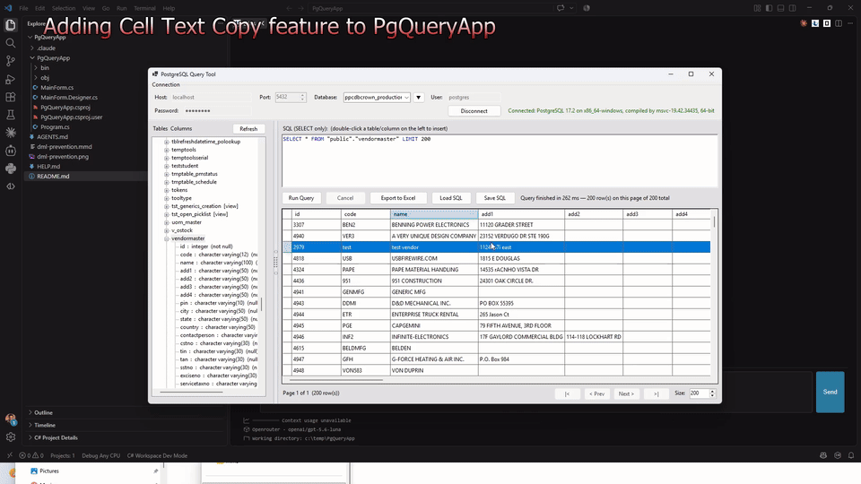 Litos adding a copy feature to a PostgreSQL query app