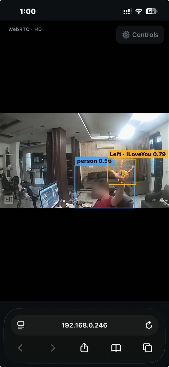 The camera view on an iPhone, showing a hand making the "I love you" sign, labelled "Left · ILoveYou 0.79"
