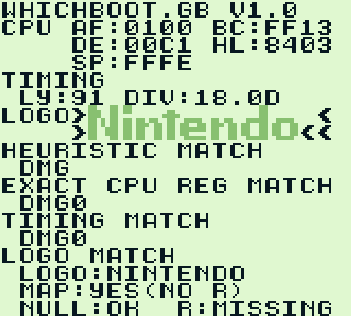 Whichboot.gb running on a DMG Gameboy with the older DMG0 boot ROM