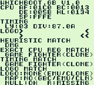 Whichboot.gb running on a Game Fighter Gameboy clone