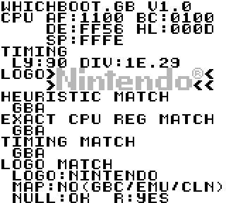 Whichboot.gb running on a GBA Gameboy