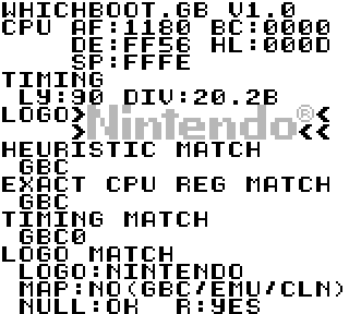 Whichboot.gb running on a GBC Gameboy with the older GBC0 boot ROM