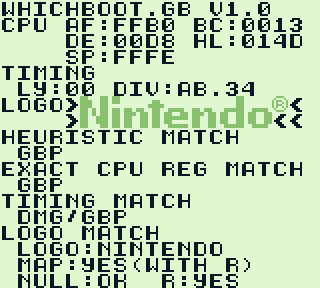 Whichboot.gb running on a Gameboy Pocket