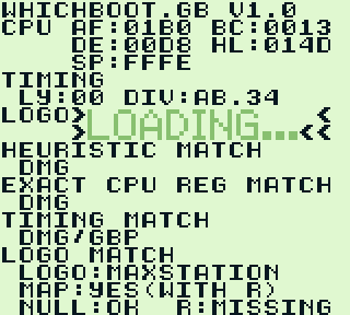 Whichboot.gb running on a Maxstation Gameboy clone showing a Loading graphic