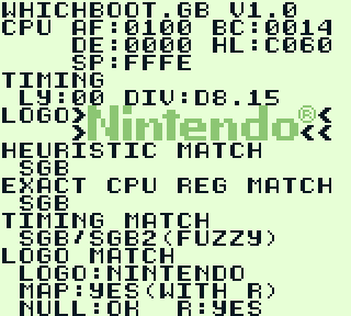 Whichboot.gb running on a Super Gameboy