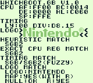 Whichboot.gb running on a Super Gameboy 2