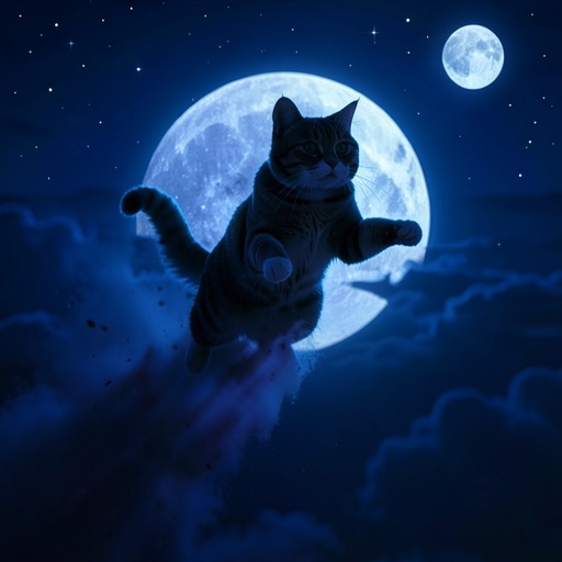 The same cat at night under a full moon