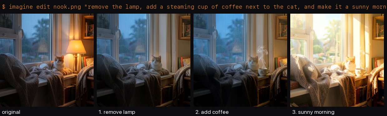 A planned edit: remove the lamp, add coffee, make it morning