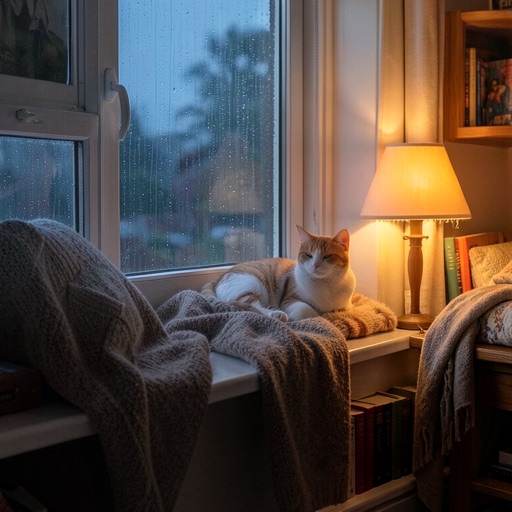 A cozy reading nook on a rainy evening