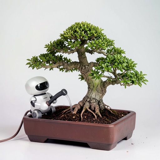 A tiny robot watering a bonsai tree