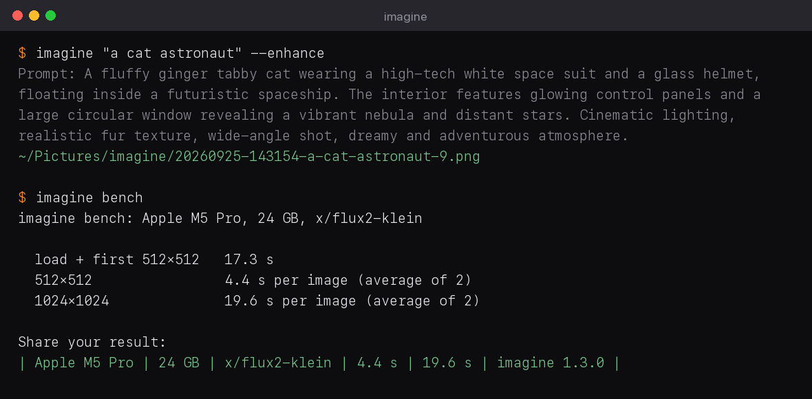 imagine in the terminal: an enhanced prompt and a benchmark