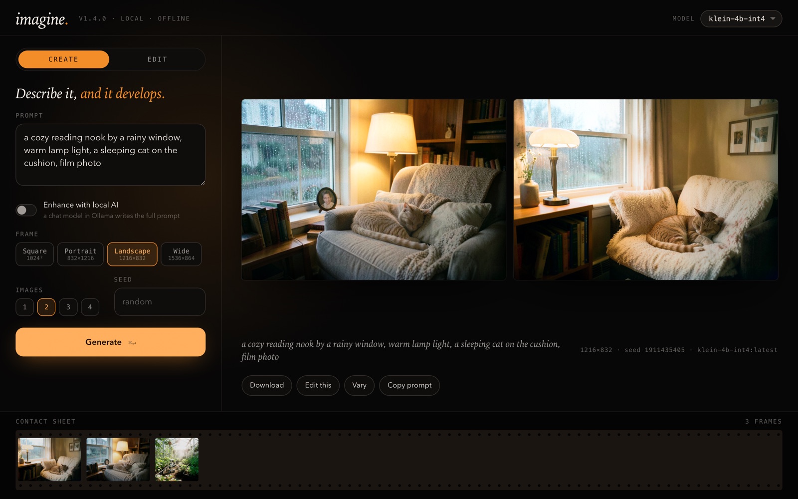 imagine ui: two images from one prompt, and the contact sheet of recent images