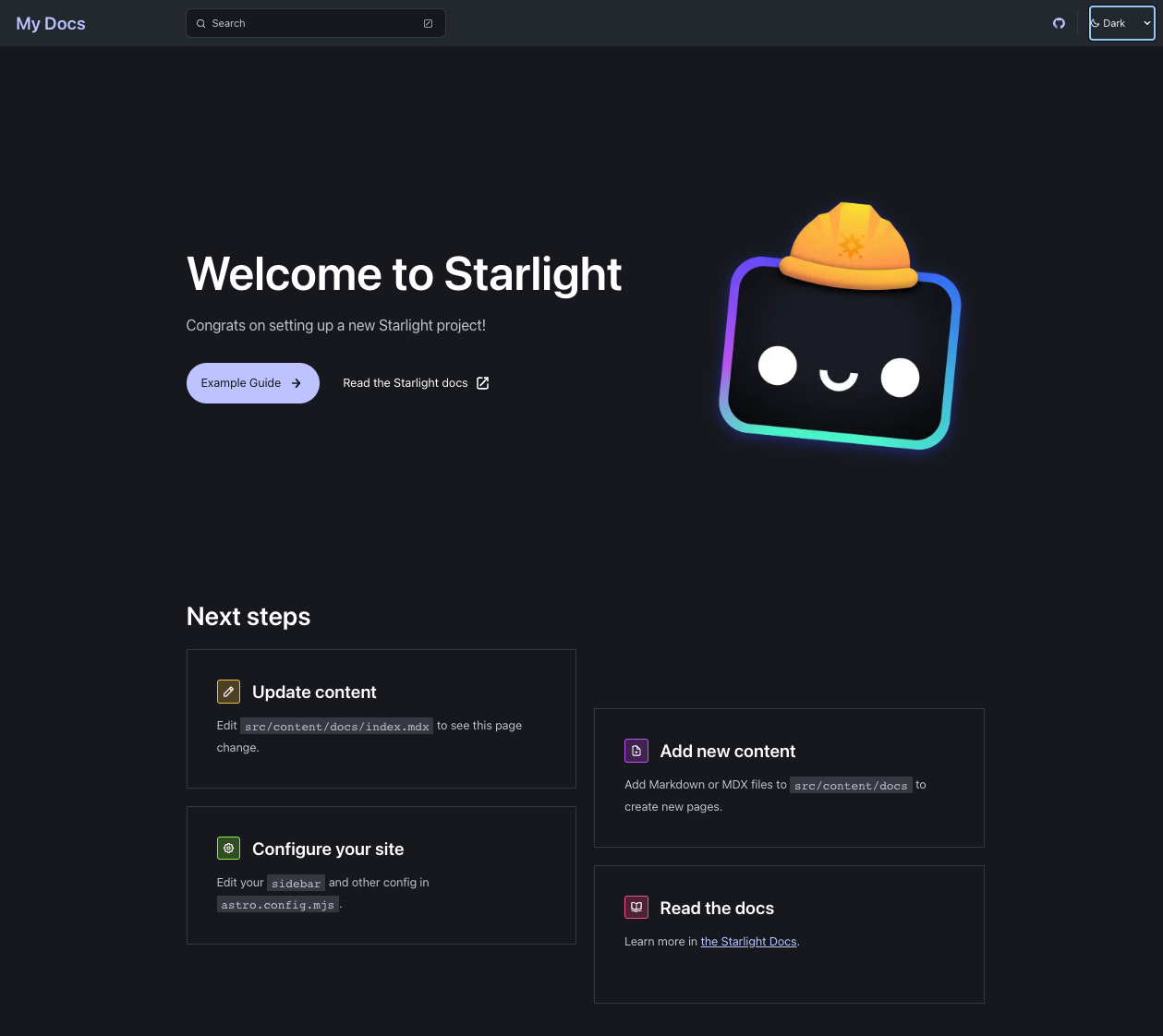 Starlight Landing Page, Dark mode