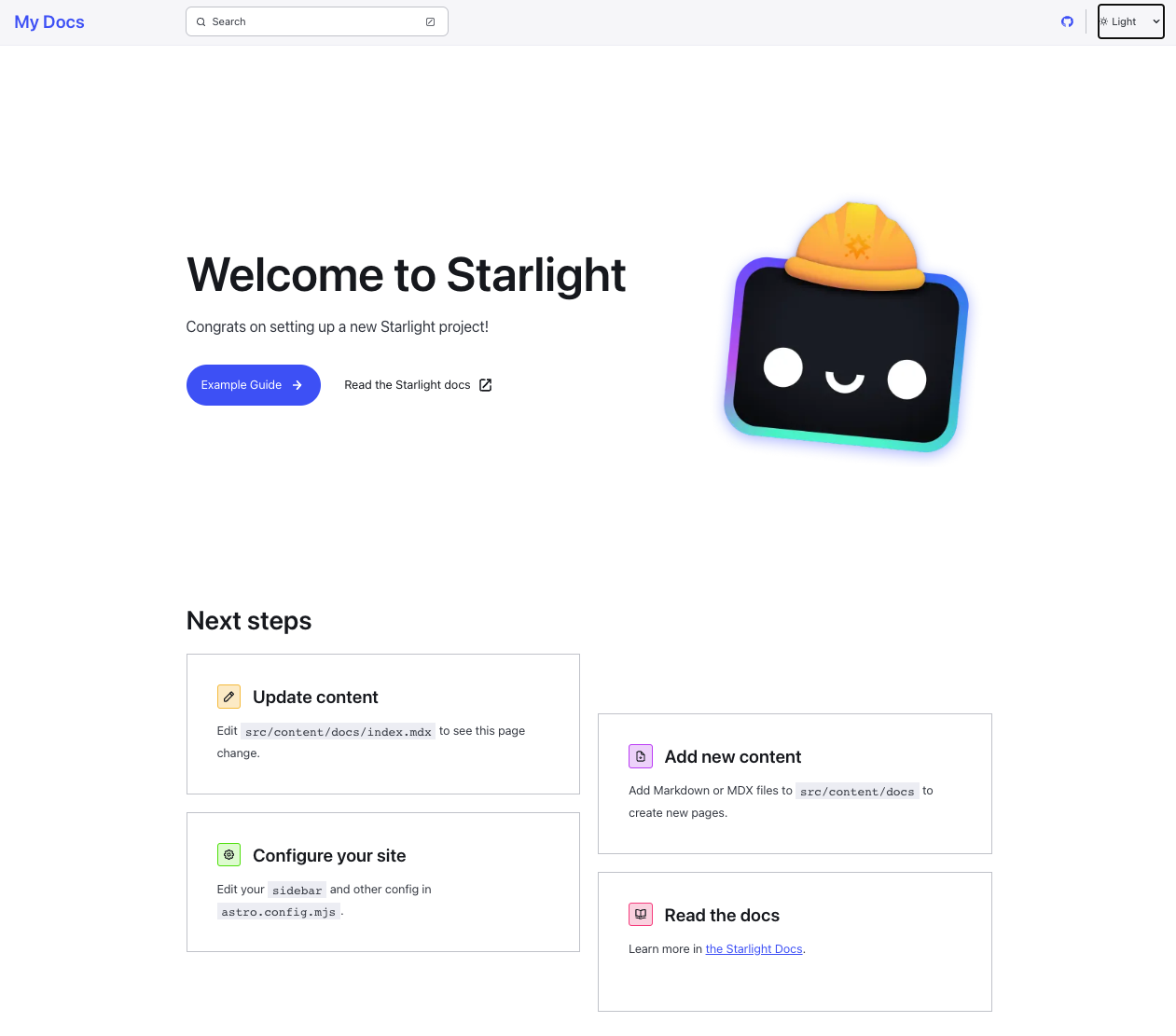 Starlight Landing Page, Light mode