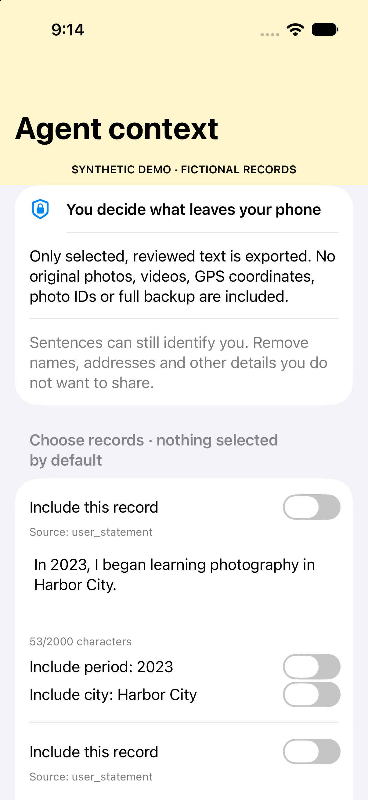 iOS phone context review: privacy notice, no records selected and optional metadata off, using fictional records