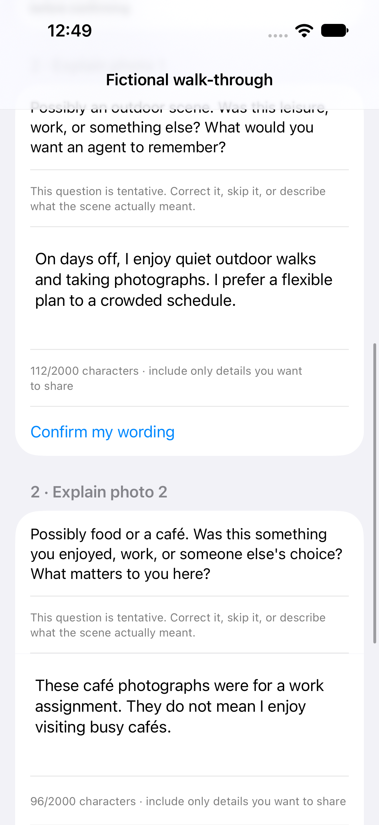 Fictional photo reflection: tentative questions, the person's own explanations and a café-work correction before confirmation