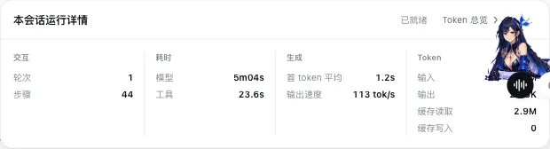 Current session steps, latency, speed, and token details